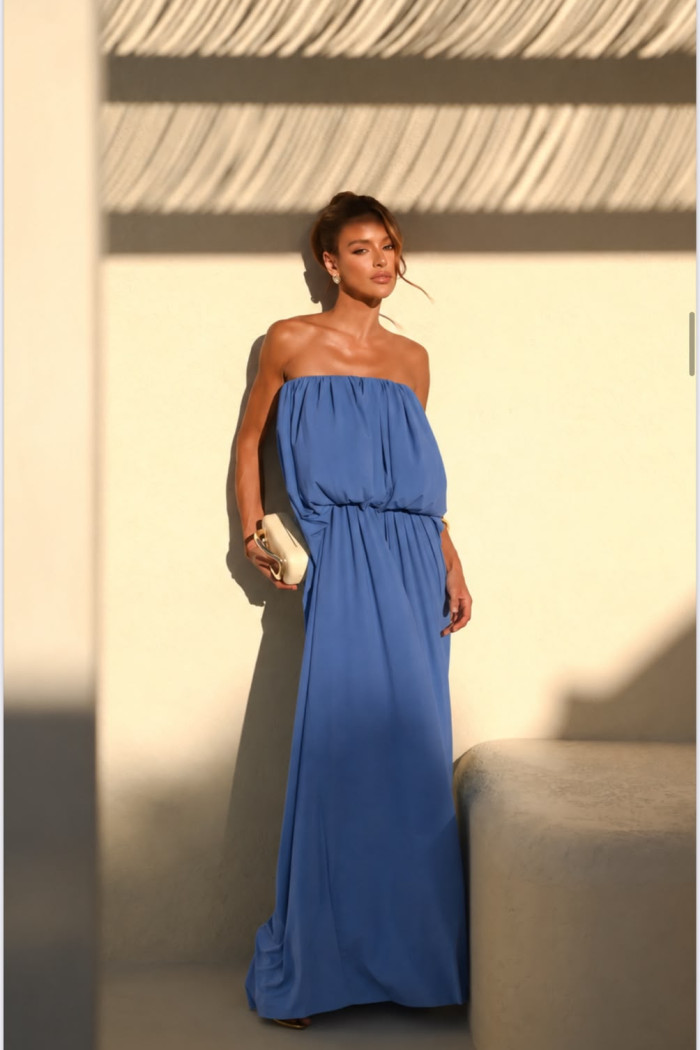 VESTIDO JUJU LONGO BLUSÊ DRAPEADO - AZUL OCEAN