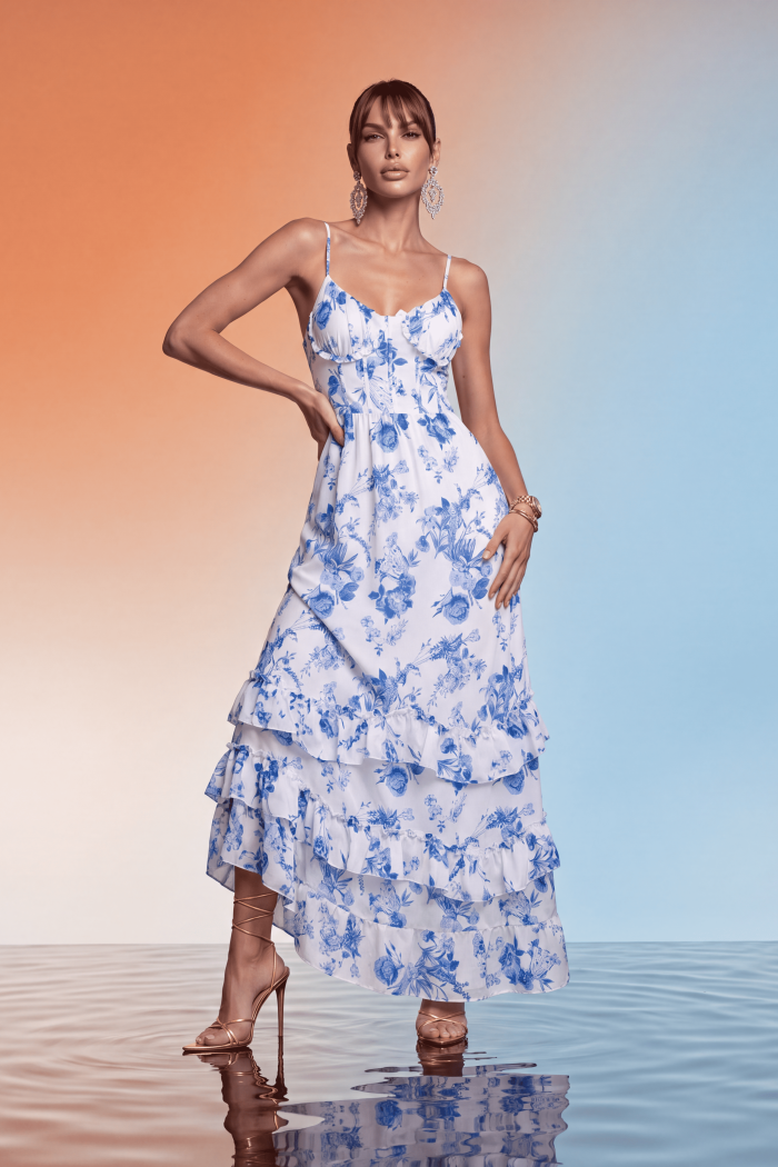 VESTIDO LONGO CREPE FLORAL ALCINHA CAPRI - AZUL