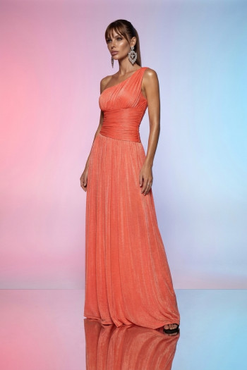 VESTIDO LONGO LUREX ONESHOULDER GLAMOUR CAPRI - CORAL