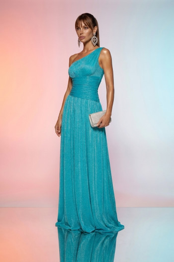 VESTIDO LONGO LUREX ONESHOULDER GLAMOUR CAPRI - AZUL