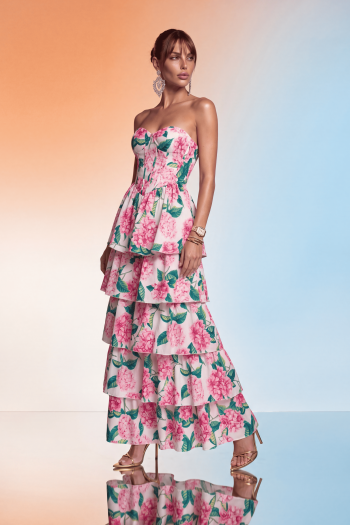 VESTIDO LONGO TQC STRUCTURED FLORAL CAMADAS CAPRI - ROSA