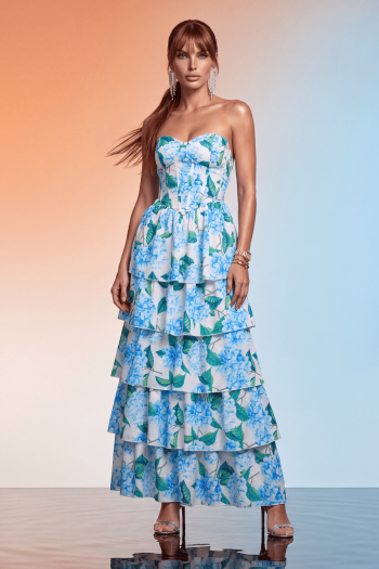 VESTIDO LONGO TQC STRUCTURED FLORAL CAMADAS CAPRI - AZUL