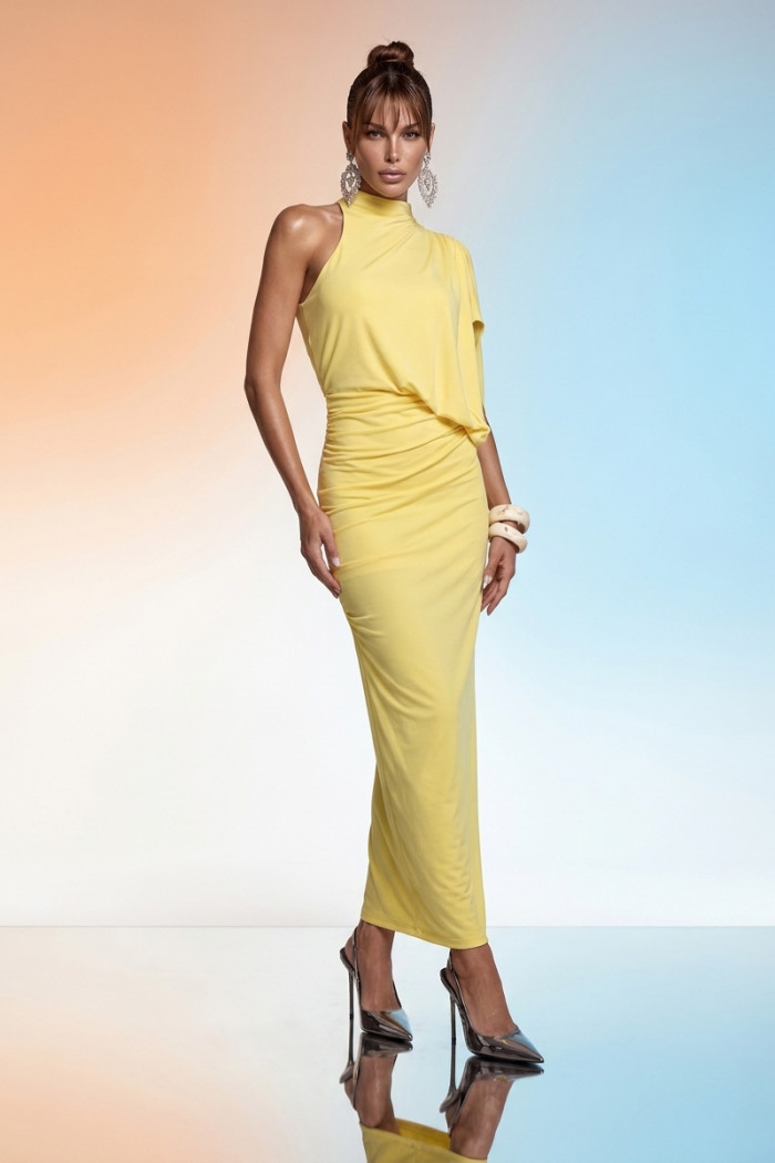 VESTIDO MÍDI MALHA DRAPEADO NULA MANGA CAPRI - AMARELO