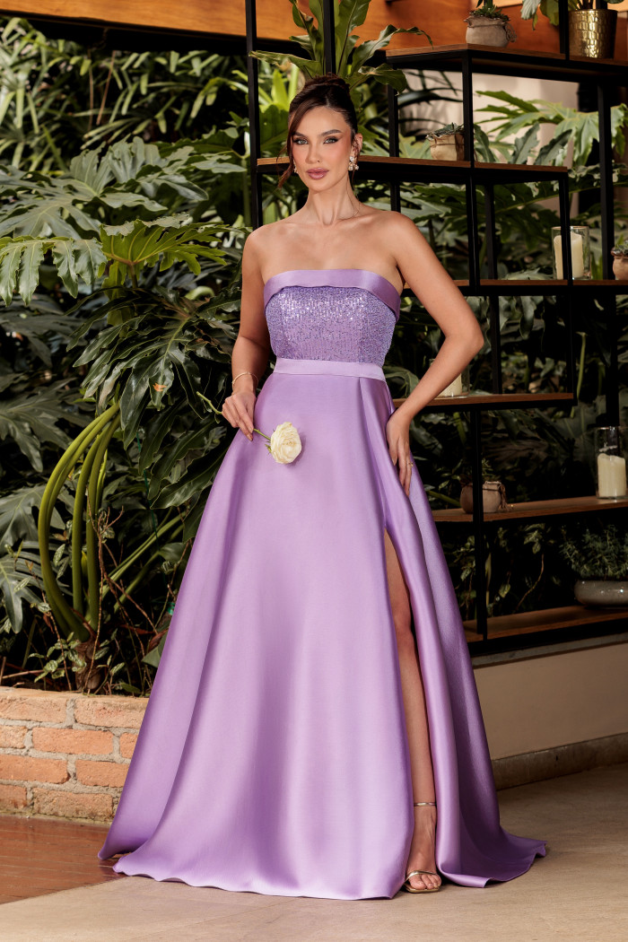 VESTIDO DE FESTA GLAMOROUS BUSTO PAETÊ ZIBELINE T.Q.C - LAVANDA