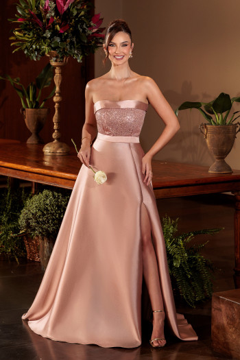 VESTIDO DE FESTA GLAMOROUS BUSTO PAETÊ ZIBELINE T.Q.C - ROSÉ