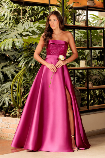 VESTIDO DE FESTA GLAMOROUS BUSTO PAETÊ ZIBELINE T.Q.C - FÚCSIA