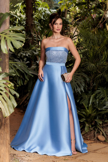 VESTIDO DE FESTA GLAMOROUS BUSTO PAETÊ ZIBELINE T.Q.C - AZUL SERENITY