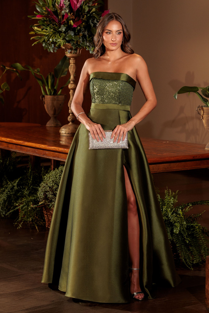 VESTIDO DE FESTA GLAMOROUS BUSTO PAETÊ ZIBELINE T.Q.C - VERDE OLIVA