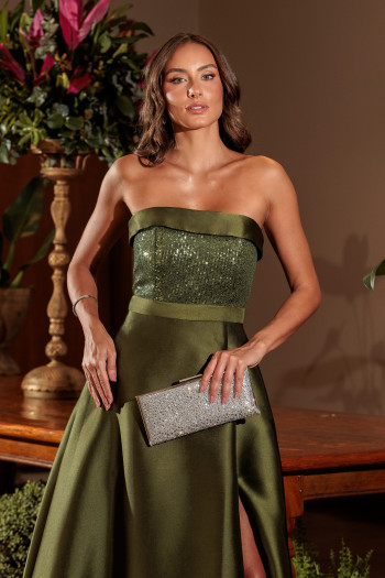 VESTIDO DE FESTA GLAMOROUS BUSTO PAETÊ ZIBELINE T.Q.C - VERDE OLIVA