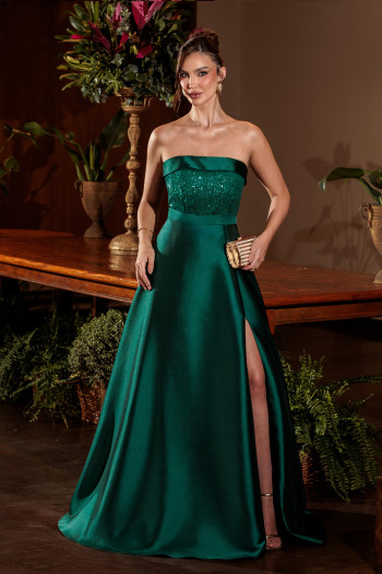 VESTIDO DE FESTA GLAMOROUS BUSTO PAETÊ ZIBELINE T.Q.C - VERDE ESMERALDA