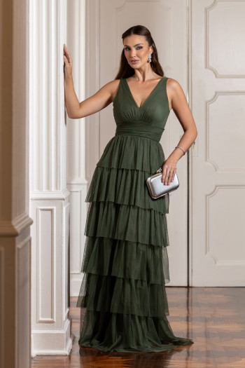 VESTIDO GLÁUCIA LONGO TULE CAMADAS - VERDE OLIVA