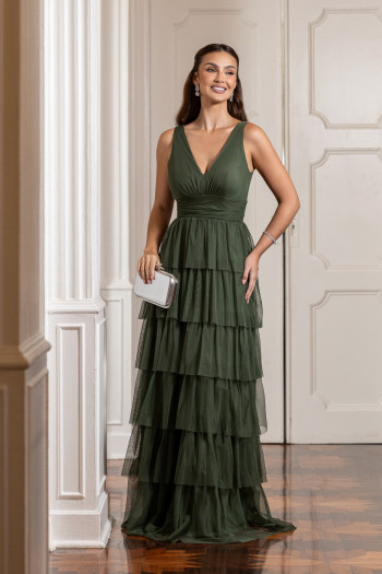 VESTIDO GLÁUCIA LONGO TULE CAMADAS - VERDE OLIVA
