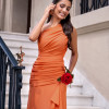 VESTIDO IZADORA LONGO UM OMBRO FENDA BABADO - LARANJA