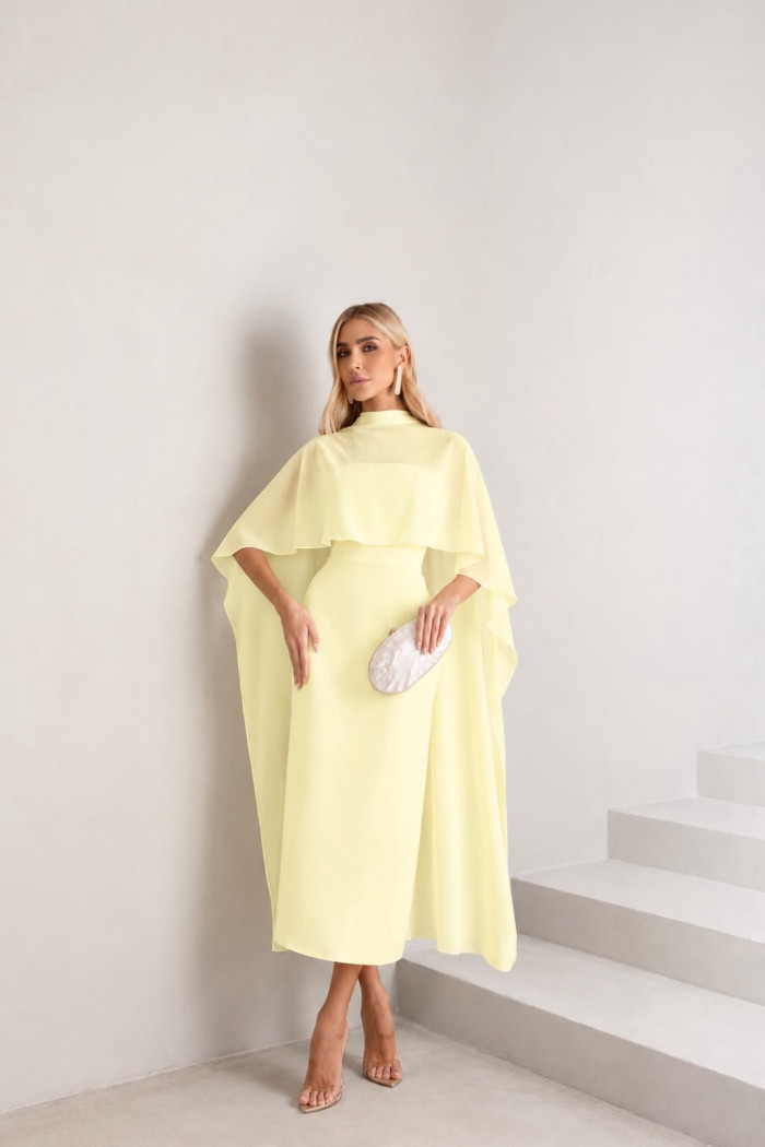 VESTIDO TAMIRES T.Q.C ALFAIATARIA COM CAPA CHIFFON - AMARELO