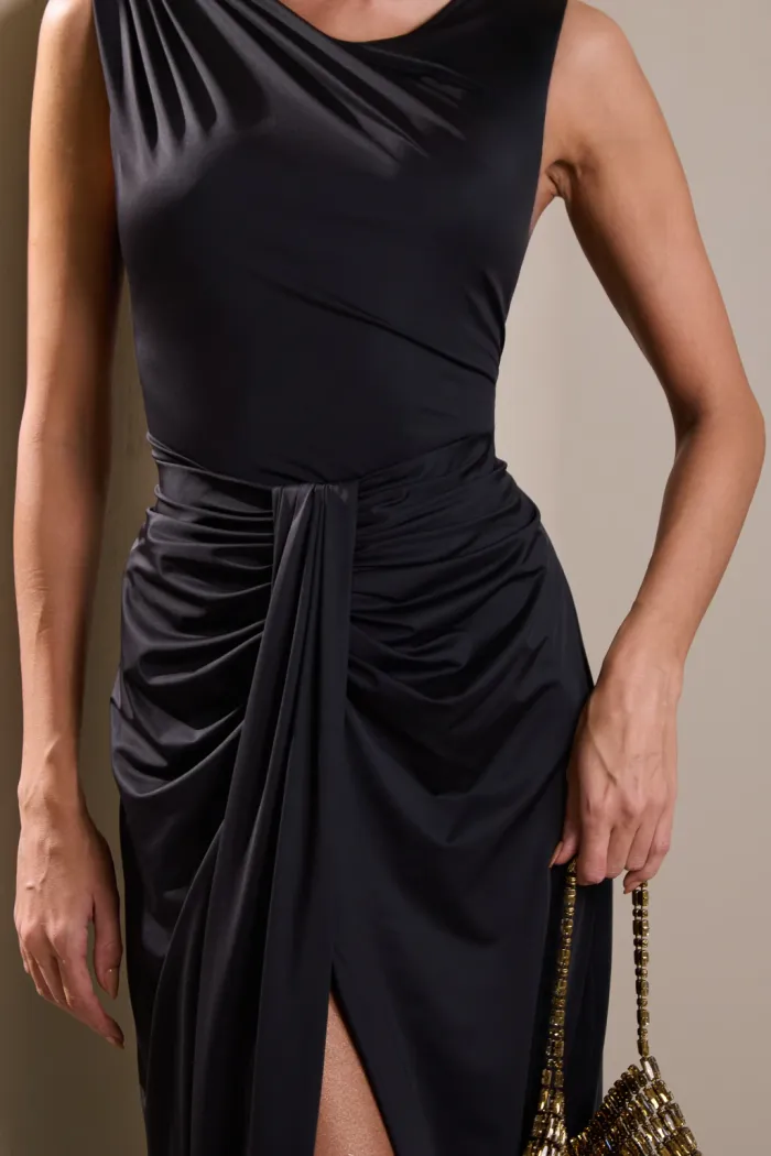 CONJUNTO SOHO JERSEY BLUSA REGATA E SAIA LONGA - PRETO