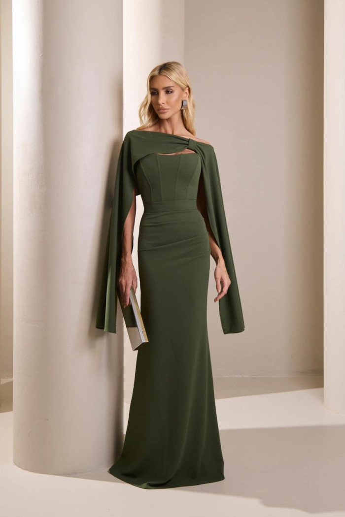 [PRÉ-VENDA] VESTIDO DE FESTA JOANE CREPE ALFAIATARIA COM CAPA - VERDE OLIVA