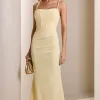 [PRÉ-VENDA] VESTIDO DE FESTA JOANE CREPE ALFAIATARIA COM CAPA - AMARELO MANTEIGA