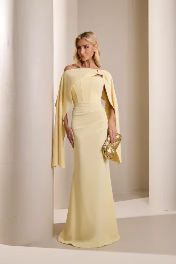 VESTIDO DE FESTE JOANE CREPE ALFAIATARIA COM CAPA - AMARELO MANTEIGA