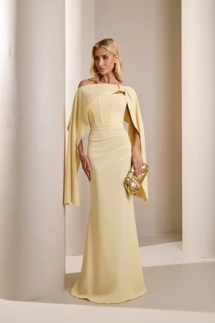 [PRÉ-VENDA] VESTIDO DE FESTA JOANE CREPE ALFAIATARIA COM CAPA - AMARELO MANTEIGA