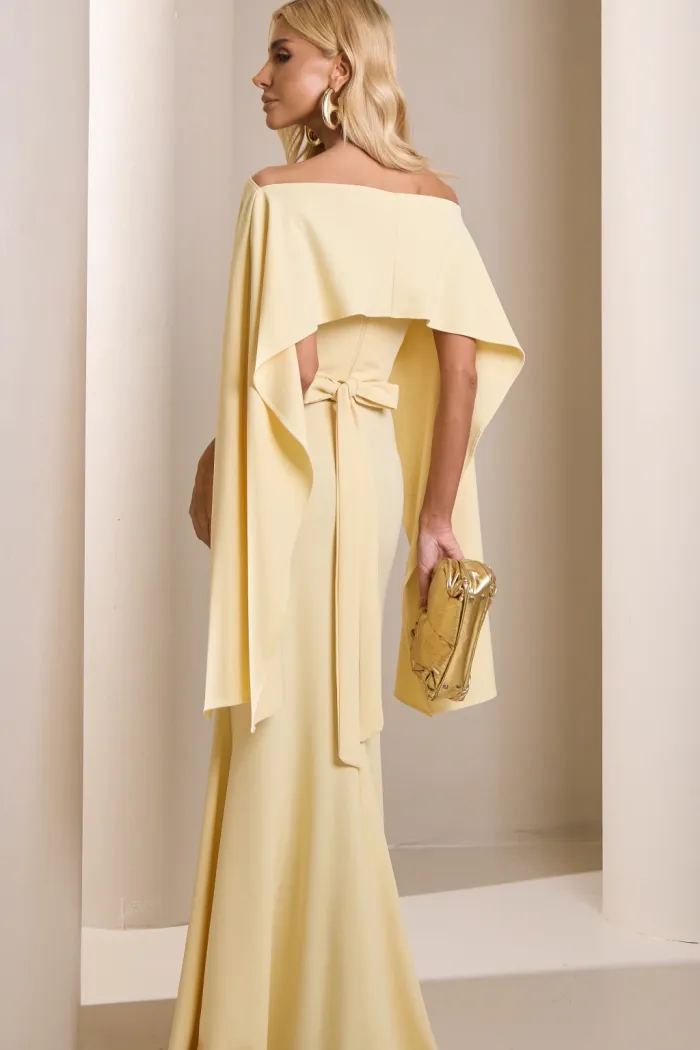 [PRÉ-VENDA] VESTIDO DE FESTA JOANE CREPE ALFAIATARIA COM CAPA - AMARELO MANTEIGA