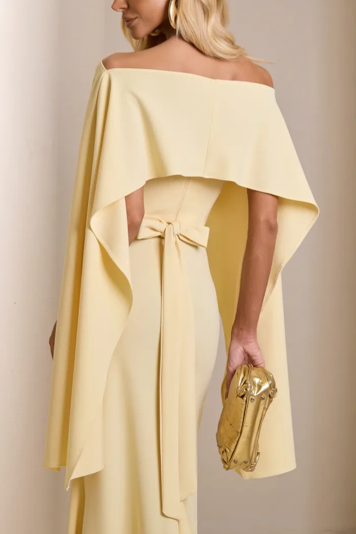[PRÉ-VENDA] VESTIDO DE FESTA JOANE CREPE ALFAIATARIA COM CAPA - AMARELO MANTEIGA
