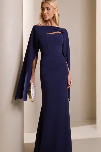 [PRÉ-VENDA] VESTIDO DE FESTE JOANE CREPE ALFAIATARIA COM CAPA - AZUL MARINHO