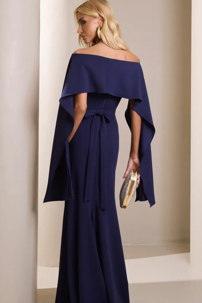 [PRÉ-VENDA] VESTIDO DE FESTE JOANE CREPE ALFAIATARIA COM CAPA - AZUL MARINHO