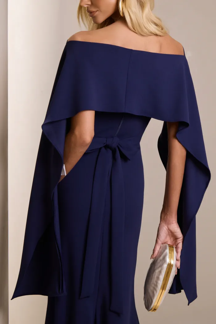 [PRÉ-VENDA] VESTIDO DE FESTE JOANE CREPE ALFAIATARIA COM CAPA - AZUL MARINHO