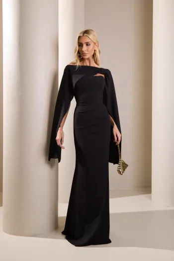 [PRÉ-VENDA] VESTIDO DE FESTA JOANE CREPE ALFAIATARIA COM CAPA - PRETO