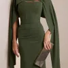 [PRÉ-VENDA] VESTIDO DE FESTA JOANE CREPE ALFAIATARIA COM CAPA - VERDE OLIVA