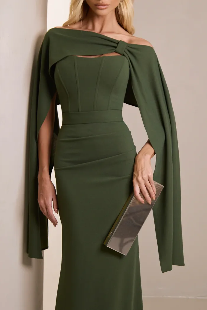 [PRÉ-VENDA] VESTIDO DE FESTA JOANE CREPE ALFAIATARIA COM CAPA - VERDE OLIVA