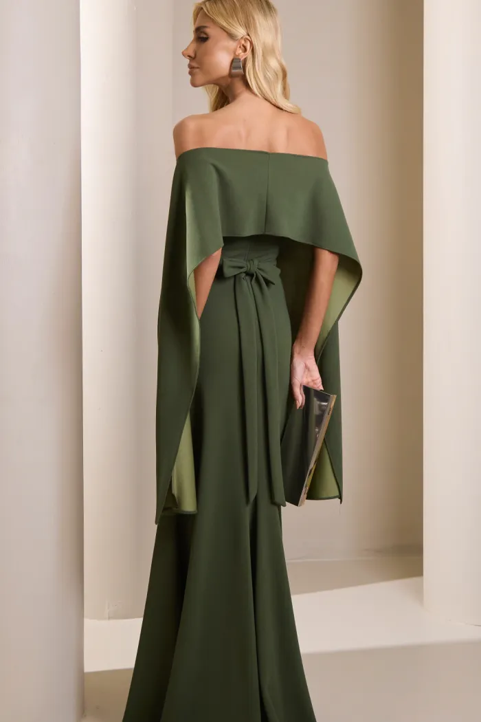 [PRÉ-VENDA] VESTIDO DE FESTA JOANE CREPE ALFAIATARIA COM CAPA - VERDE OLIVA