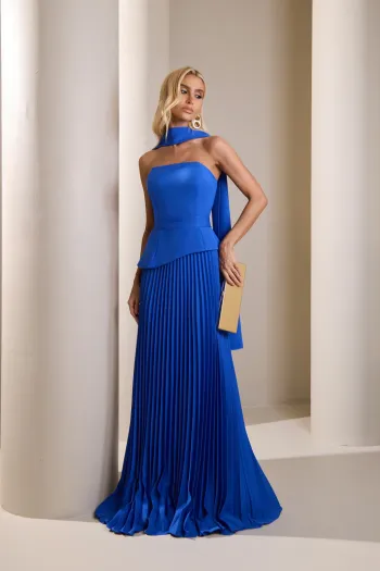 VESTIDO DE FESTA MAITÊ SAIA PLISSADA CHOKER - AZUL ROYAL