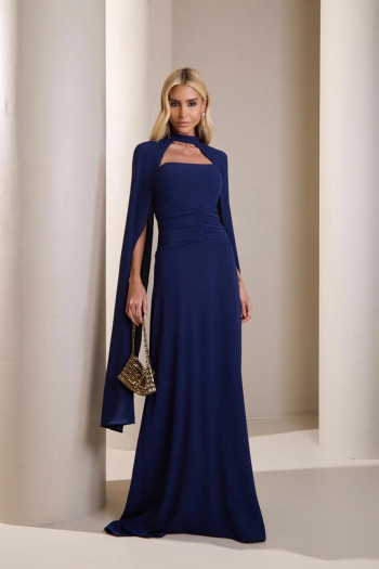 VESTIDO MARLENE COM CAPA DRAPEADO CINTURA - AZUL MARINHO