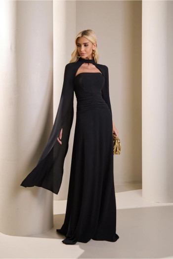 VESTIDO MARLENE COM CAPA DRAPEADO CINTURA - PRETO