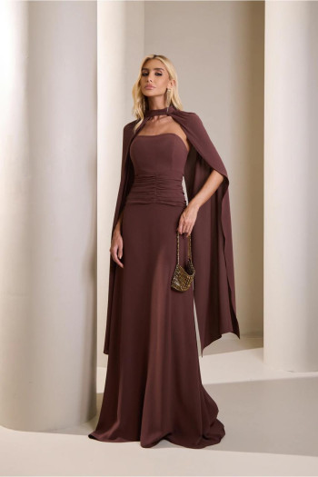 VESTIDO MARLENE COM CAPA DRAPEADO CINTURA - MARROM