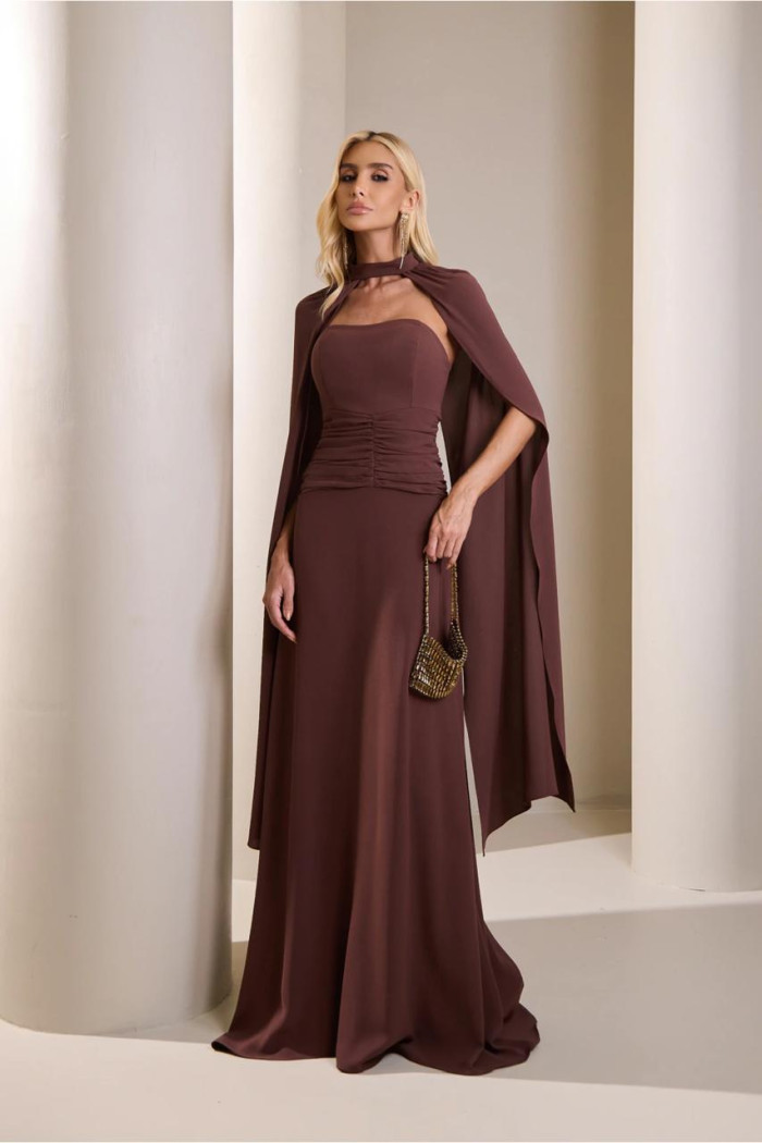 VESTIDO MARLENE COM CAPA DRAPEADO CINTURA - MARROM