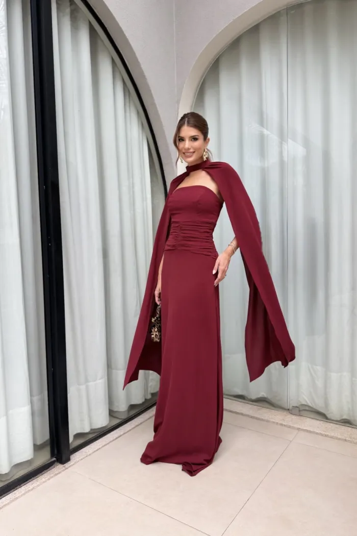 VESTIDO MARLENE COM CAPA DRAPEADO CINTURA - VINHO