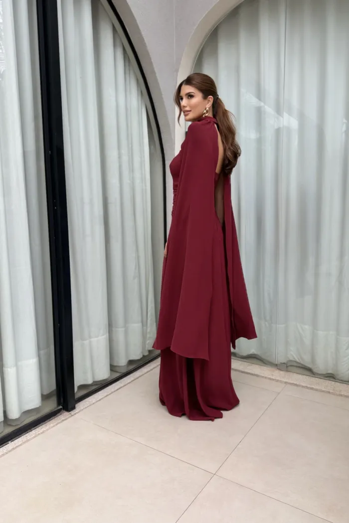 VESTIDO MARLENE COM CAPA DRAPEADO CINTURA - VINHO