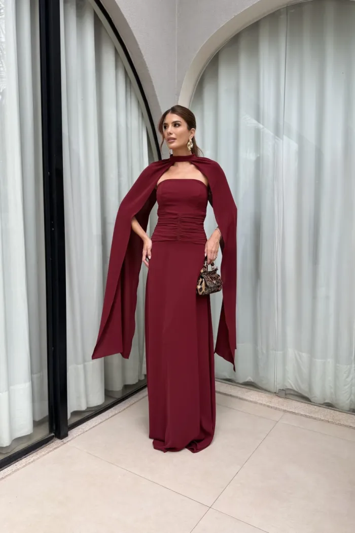 VESTIDO MARLENE COM CAPA DRAPEADO CINTURA - VINHO