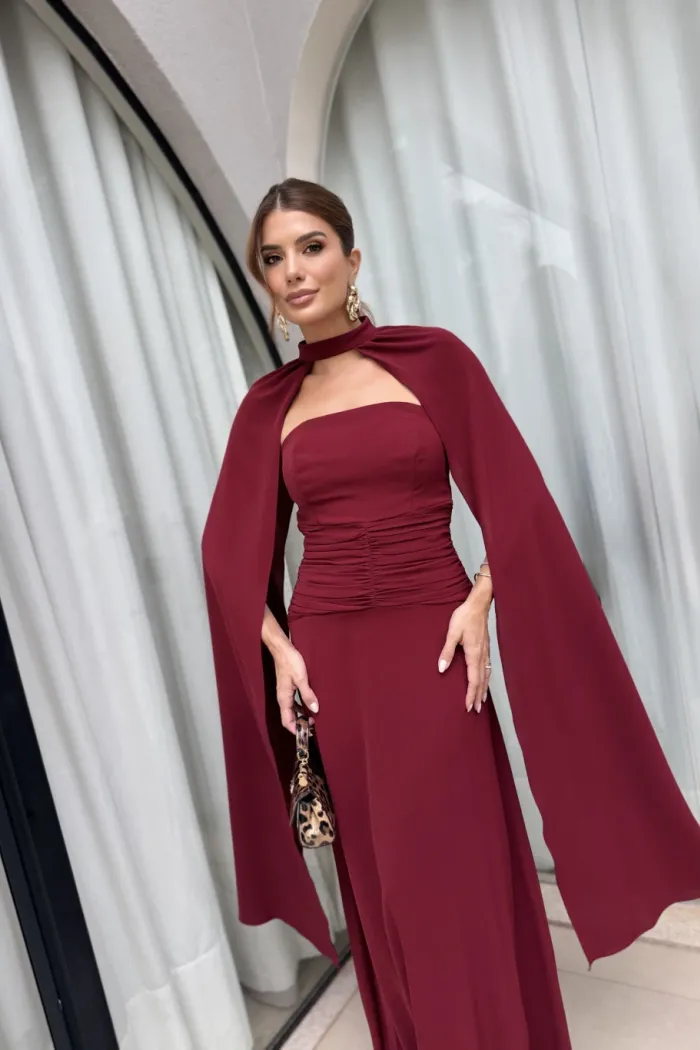 VESTIDO MARLENE COM CAPA DRAPEADO CINTURA - VINHO