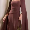 VESTIDO MARLENE COM CAPA DRAPEADO CINTURA - MARROM