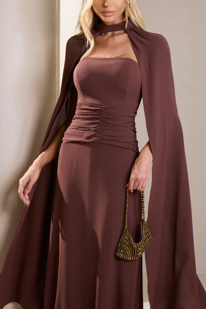 VESTIDO MARLENE COM CAPA DRAPEADO CINTURA - MARROM