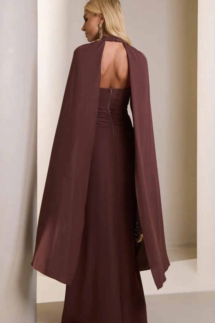 VESTIDO MARLENE COM CAPA DRAPEADO CINTURA - MARROM