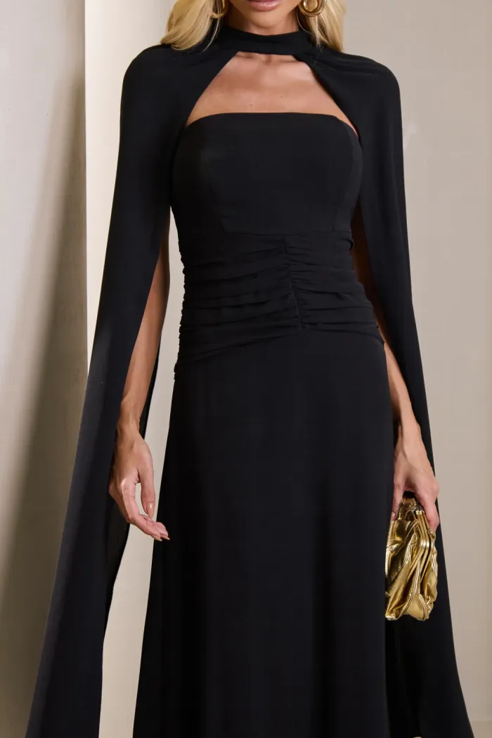 VESTIDO MARLENE COM CAPA DRAPEADO CINTURA - PRETO