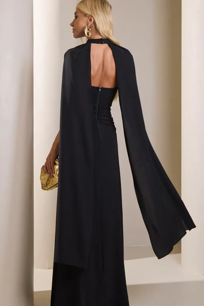 VESTIDO MARLENE COM CAPA DRAPEADO CINTURA - PRETO