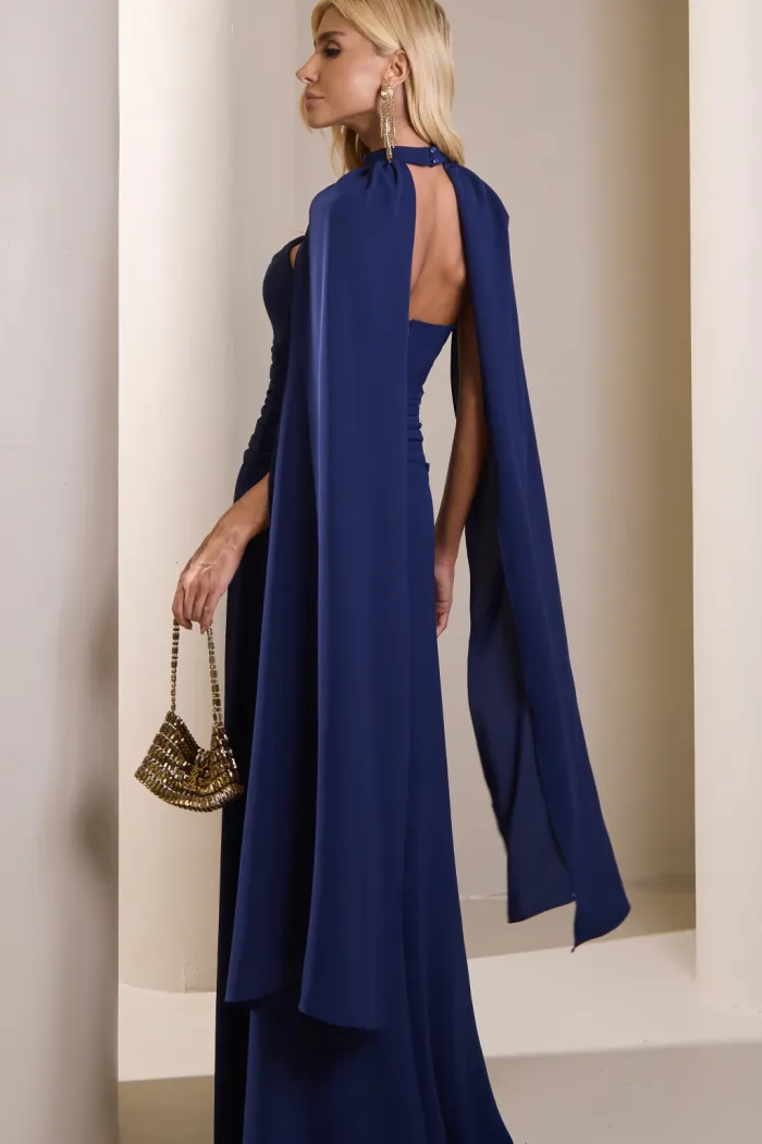 VESTIDO MARLENE COM CAPA DRAPEADO CINTURA - AZUL MARINHO