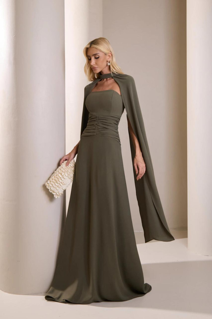 VESTIDO MARLENE COM CAPA DRAPEADO CINTURA - VERDE OLIVA