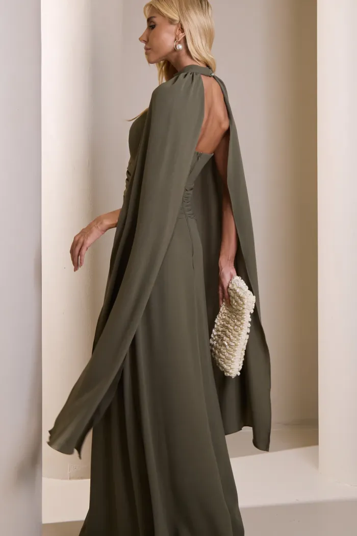 VESTIDO MARLENE COM CAPA DRAPEADO CINTURA - VERDE OLIVA