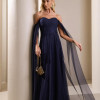 VESTIDO LONGO MILENE MICROTULE BUSTO DRAPEADO - AZUL MARINHO
